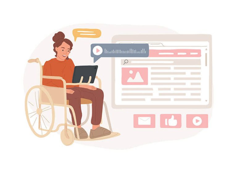 A woman using a tablet in a wheelchair interacts with an accessible website interface, representing ADA compliance, website accessibility tools, and WCAG compliance.