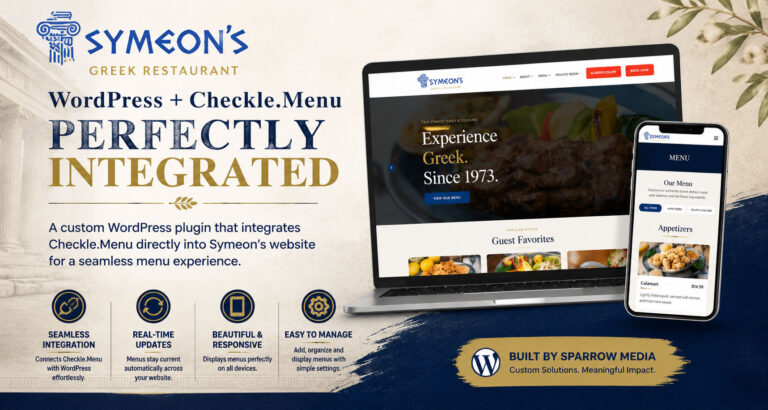 Symeon's Greek Restaurant WordPress and Checkle.Menu integration mockup showing website and mobile menu display