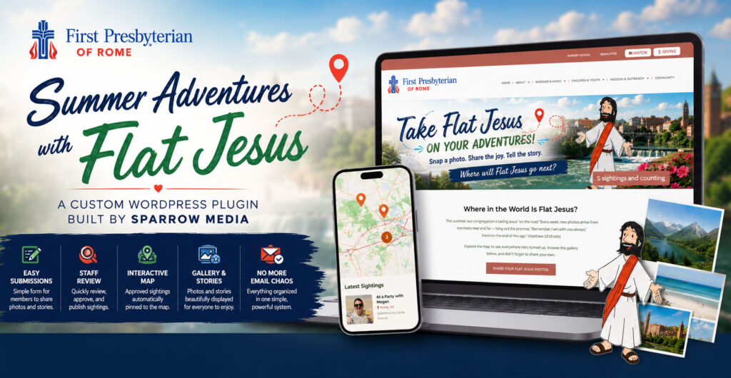 First Presbyterian Church Rome Flat Jesus WordPress plugin case study showing mobile and desktop interface with interactive map
